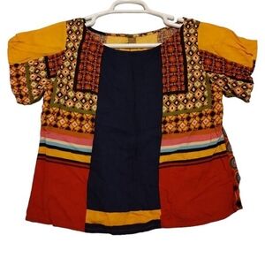 Farm Rio Patchwork Pattern Short Sleeve Blouse Size P‎ Lagenlook Cottagecore